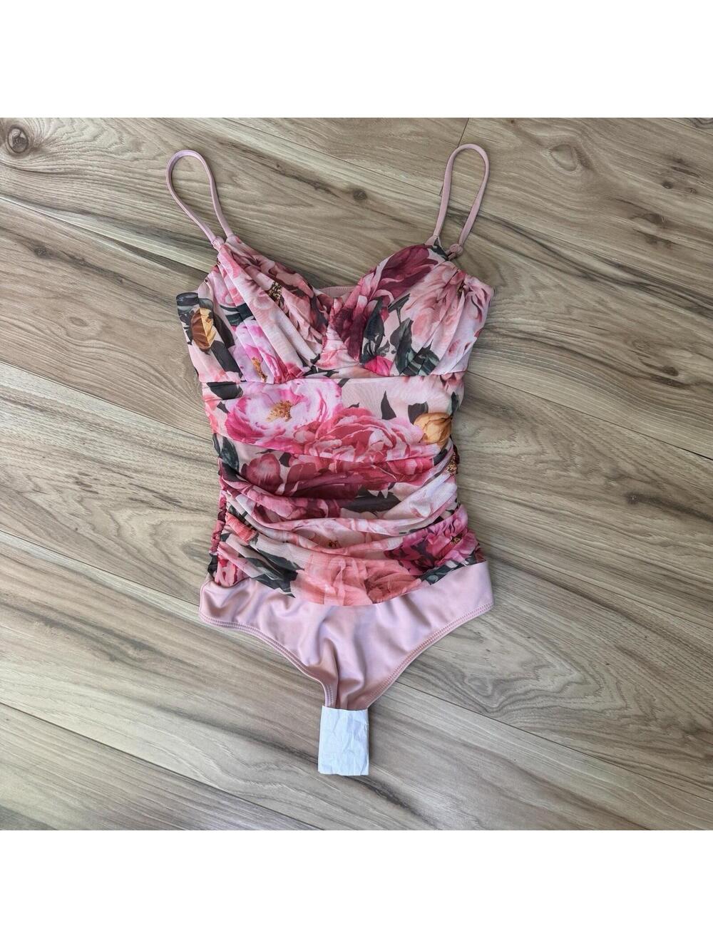 NWT Express Body Contour Ruched Floral Mesh Bodysuit Pink XS